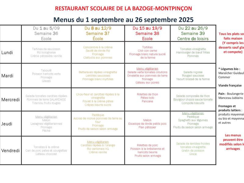 CANTINE Menu du 01.09.2025 au 26.09.2025